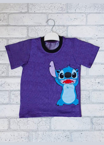 Фиолетовая летняя детская однотонная футболка стрейчевая сиреневая с накатом стич, дисней, стрейч джинс No Brand