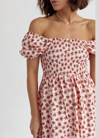 Терракотовое повседневный платье в мелкие цветы с открытыми плечами 35525 Lurex с цветочным принтом