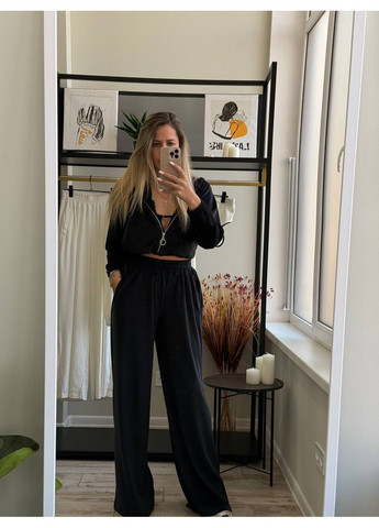 Жіночий спортивний костюм трійка: укорочена кофта, топ та штани палаццо MonCher (360428959)