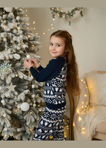 Темно-синяя зимняя детская пижама для девочки с рождественским принтом комплект кофты брюки в синем цвете family look домашняя одежда кофта + брюки Nicoletta