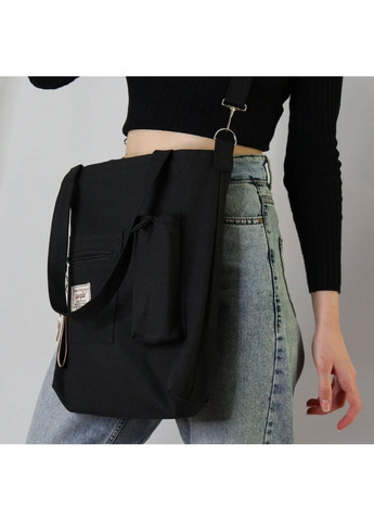 Черный шопер через плечо вместительная сумка с ручками для учебы азиатский стиль на 4 отделения кавай с брелоком мишки kpop No Brand (368717664)