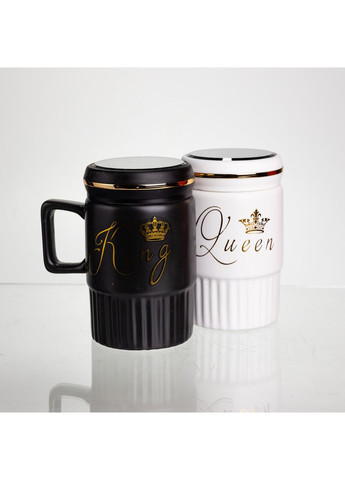 Набор парных фарфоровых чашек с крышкой 2 (шт) по 450 (мл) Черный с белым FM-26 Yiwu (369654021)