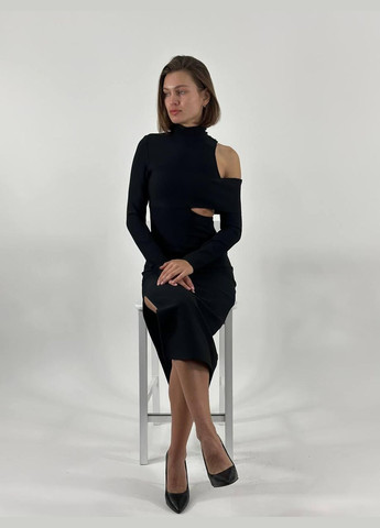 Чорна святковий, коктейльна, вечірня сукня з відкритими плечима, силуетна, футляр F&P однотонна