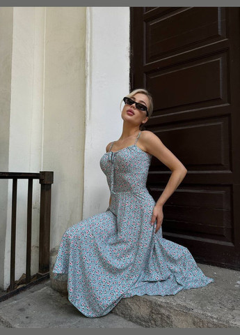 Голубое повседневный женское платье меди с цветочным принтом MonCher с цветочным принтом