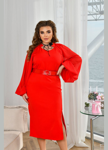 Красное деловое платье с ремнём футляр No Brand однотонное