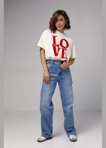 Темно-бежева літня жіноча бавовняна футболка з написом love Lurex