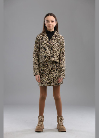 Коричневый демисезонный леопардовый костюм (пиджак, юбка) подростковый юбочный IRmAS