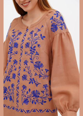 Бежева максі сукня-вишиванка з льону з об'ємним рукавом та квітковим орнаментом любисток., р., код 0336/44/744 ГАЛЕРЕЯ ЛЬОНУ