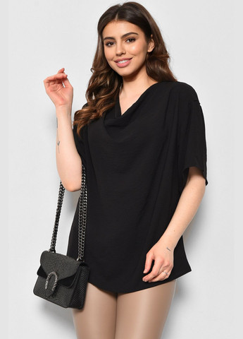 Чорна демісезонна блуза жіноча напівбатальна з коротким рукавом чорного кольору з баскою Let's Shop