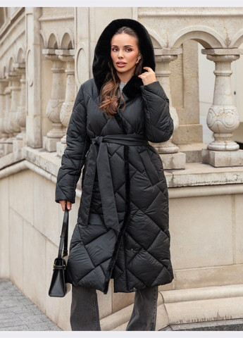 Чорна зимня довга зимова куртка чорного кольору з поясом Dressa