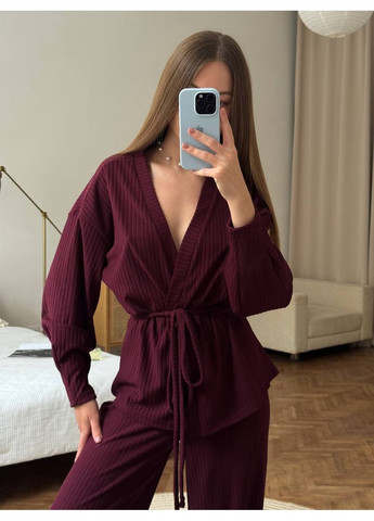 Бордовая всесезон женский домашний комплект в рубчик: кимоно на запах и брюки палаццо туника + брюки MonCher