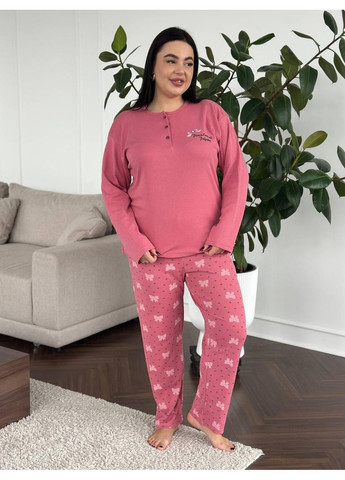 Рожева жіноча піжама plus size рожева з принтом котиків / піжама жіноча великих розмірів рожева трикотажна No Brand
