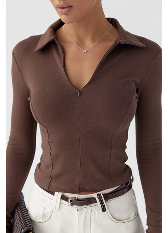Укорочений лонг-поло з блискавкою на горловині – темно-коричневий колір Lurex (370602061)