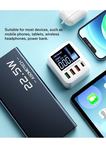 Сетевое зарядное устройство с дисплеем быстрой зарядкой 4 USB портами 40 Вт QC3.0 PD3.0 (477862-Prob) Белая Unbranded (300566975)