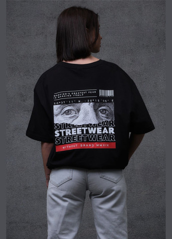 Чорна всесезон оверсайз футболка з принтом streetwear з довгим рукавом Without