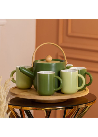 Чайний сервіз на 6 персон з бамбуковою підставкою зелений керамічний набір для чаю та кави ProDobro (364189530)