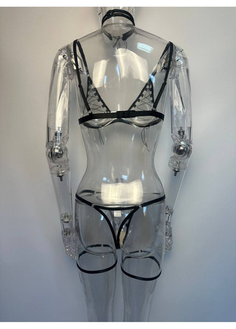 Чорний демісезонний комплект жіночої нижньої білизни poker з шнурівкою бюстгалтер трусики з гартерами та чокер червоний No Brand Покер