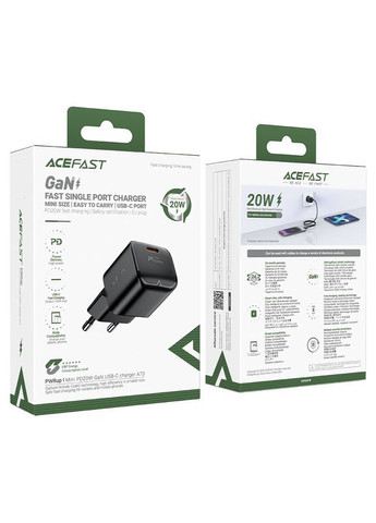 Сетевое зарядное устройство A73 mini PD20W GaN USB-C charger Black (6974316282648) Acefast A73 mini GaN (372678152)