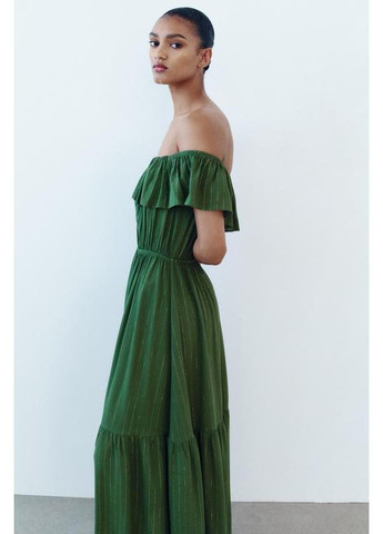 Зеленое металлизированное платье с открытыми плечами Zara
