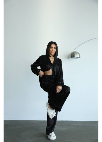 Черная всесезон женская пижама | чёрный леопард премиум рубашка + брюки Vital-Textile 1249