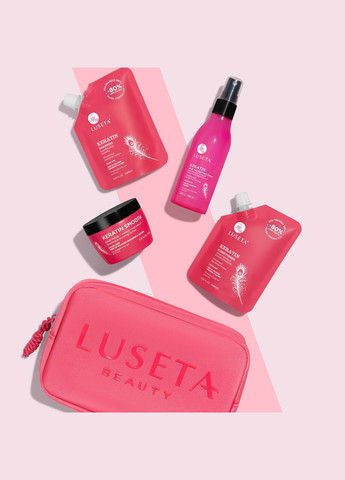 Набір для пошкодженого волосся з косметичкою Beauty Keratin Jet-Set Hair Smooth Kit, 60мл + 60 мл + 100 мл + 100 мл Luseta (318526074)