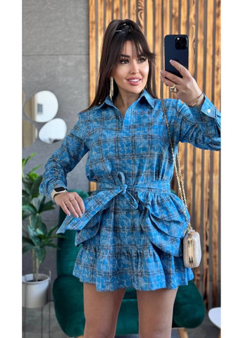 Голубое стильное платье с эффектной съемной баской Vakko в клетку