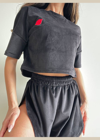 Чорна красива ніжна піжамка з турецького велюру, якісна велюрова піжама (шорти + футболка) з вишивкою губ на грудях та попі. No Brand 0149-3