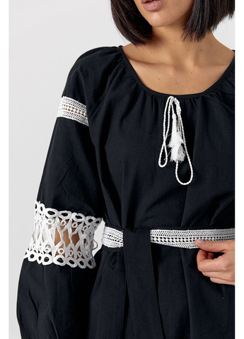 Чорна святковий, повсякденний жіноча сукня міді зі вставками макраме кльош No Brand однотонна