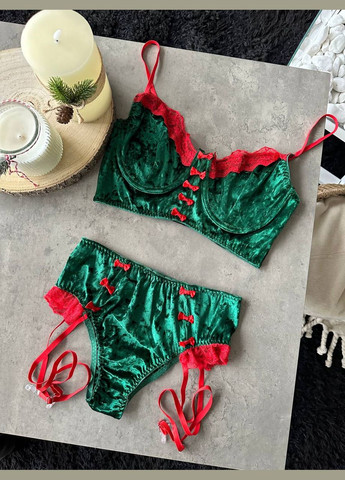 Зеленый демисезонный соблазнительный новогодний комплект с бантиками No Brand