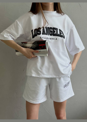 Трендовий білий приємний до тіла літній костюм із турецької віскози розміром 42-46, костюм двійка (шорти+футболка) "Los Angeles" No Brand 1443 (291840073)