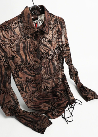 Коричневая демисезонная женская блуза из органзы с баской lw-116667-13 коричневый Lowett