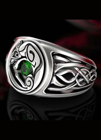 Стильна каблучка у вигляді вовка, що лежить на зеленому камені перстень з вовком Сила Свободи р 17.5 Fashion Jewelry (285272348)