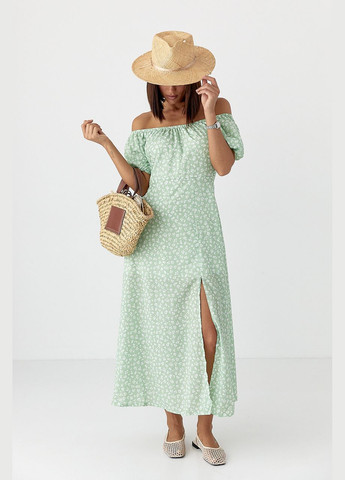 Салатова квіткова сукня з рукавами-ліхтариками Lurex