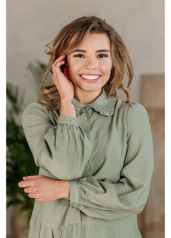 Фісташкова сукня бавовна довгий рукав гудзики волани 48 фісташка Azuri