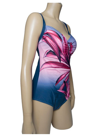 Комбинированный летний цельный купальник на большую грудь d, с эффектным принтом и стразами модель 0247 размер арт.407 слитный, майо Samegame