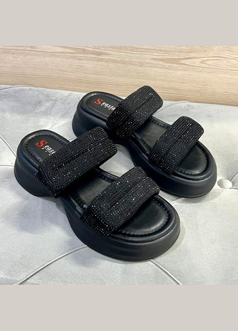 Черные шлепанцы женские черные на липучках со стразами. Seastar со стразами