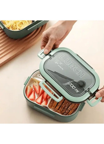 Ланч-бокс на 2 секции 1200 мл зелёный пластиковый контейнер для еды с приборами в комплекте 21×13,5×7 см No Brand (364191270)