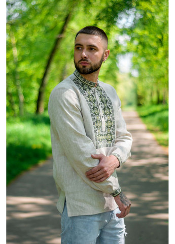 Светло-серая рубашка Vyshyvanka узор украинская символика прямой лен (250560592)