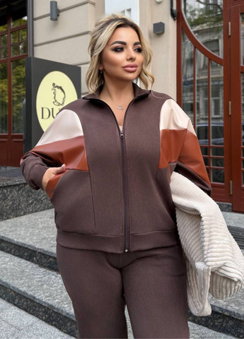 Вишуканий повсякденний демісезонний костюм двійка зі шкіряними вставками: кофта на блискавці + штани Tik-Tak (362539663)