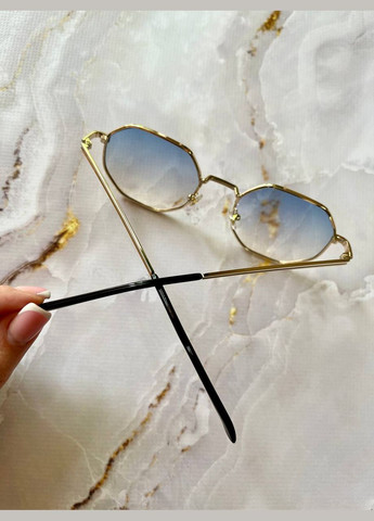 Женские очки солнцезащитные стильный шестиугольный голубой градиент в золотистой оправе. LIGHT (315889511)
