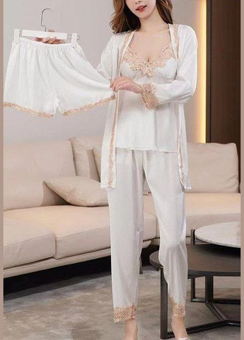 Белая всесезон атласный пижамный комплект anna с кружевом белый No Brand Анна