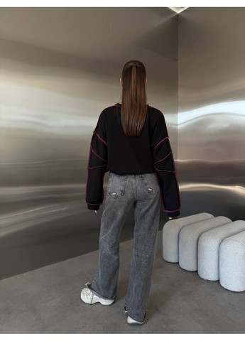 Черный свитшот женский с контрастными швами — замер в описание DK/DL Мода без кордонів однотонный без декора (366527048)