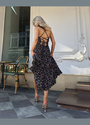 Черное праздничный, повседневный, кэжуал женское платье FINO Mode с цветочным принтом