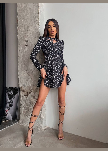 Черно-белое повседневный, коктейльное платье No Brand с цветочным принтом