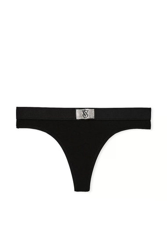 Трусики-стринги женские хлопковые с логотипом Logo Cotton Shine Patch Thong Panty черные Victoria's Secret (361010409)