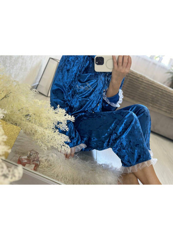 Синяя всесезон женская велюровая пижама рубашка + брюки Asi.Store.ua