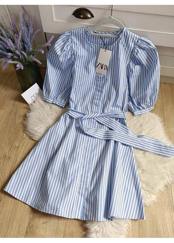 Голубое полосатое поплиновое платье zw collection Zara