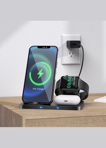 Беспроводная зарядка, настольная зарядная станция QI Ultra-Charge 3in1 CW33 |5-15W QI 2А| Черный Hoco (337351994)