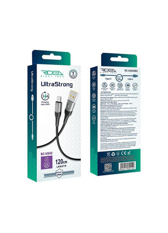 Кабель RC-US42 UltraStrong Type-C 3 A 1.2m Чорний No Brand (317365172)