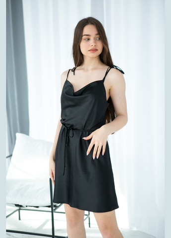 Черное коктейльное шелковое платье на завязках длина мини платье-комбинация Fayna однотонное